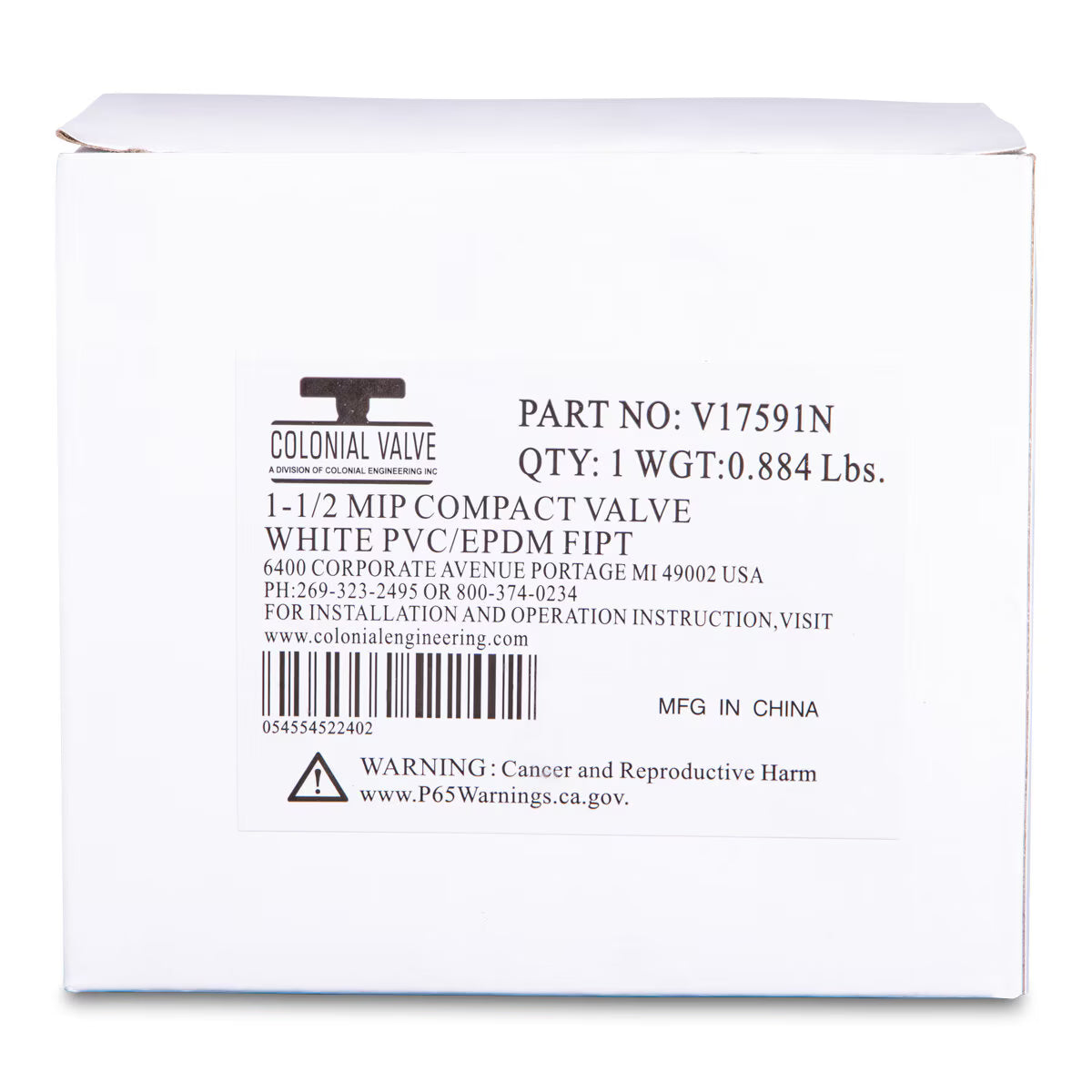 Lasco Colonial V17591N 491 Commercial Ball Valve PVC White 1-1/2 in. FIPT with Blue Handle