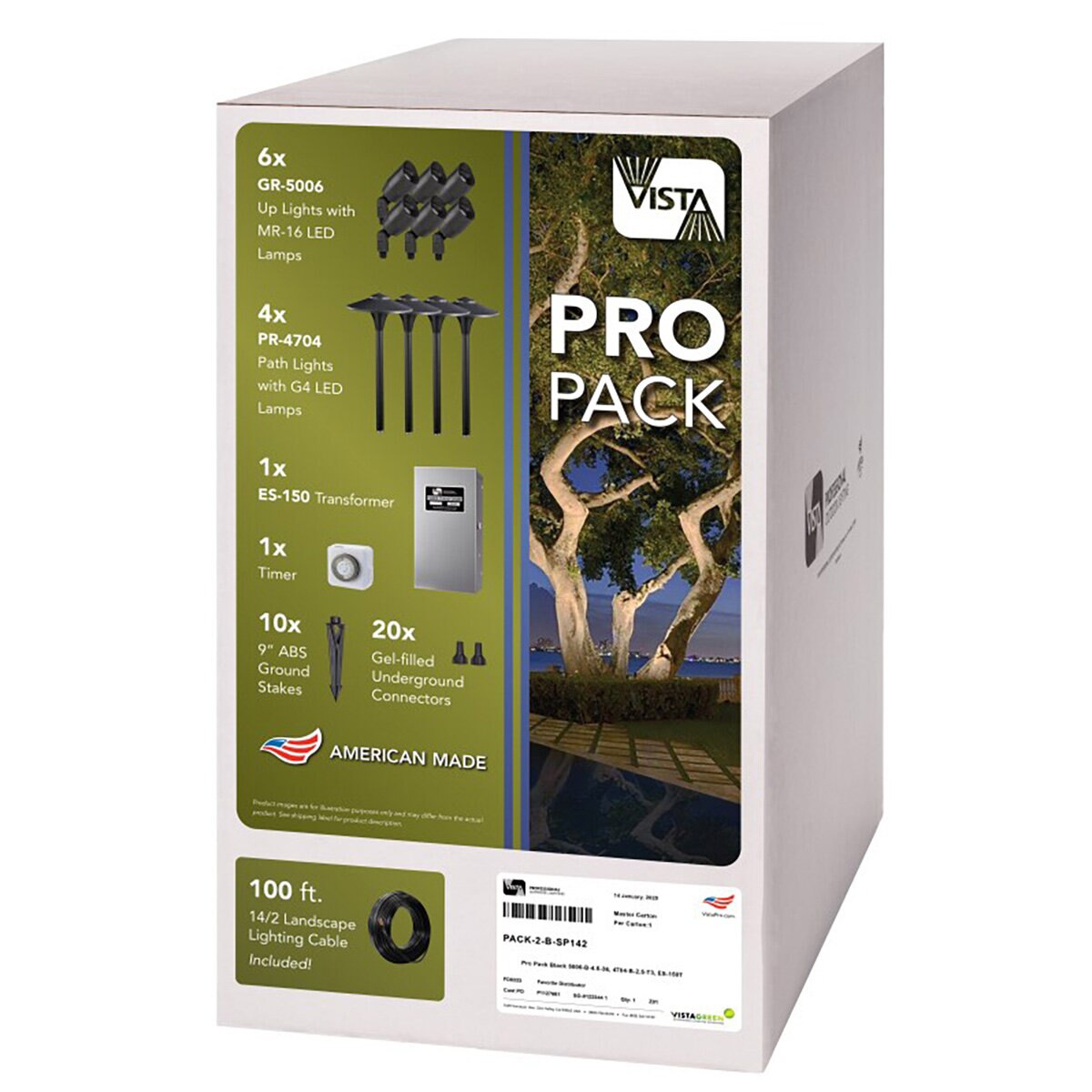 Vista PROPACK2B-SP142 Black Pro Pack Kit w/ 6 Uplights, 4 Path Lights, ES-150 Transformer, Timer, Connectors & 100 ft. Wire