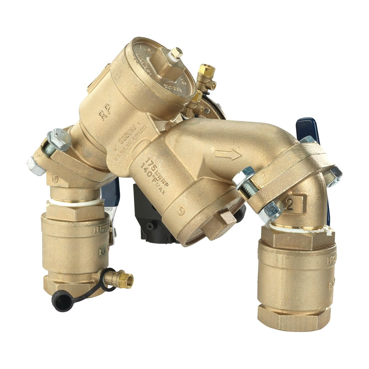 F825GYA FEBCO 825YA Angle Pattern Reduced Pressure Zone Assembly w/ Ball Valves 1-1/2 in. Bronze w/ Flood Sensing Capability| F825GYA