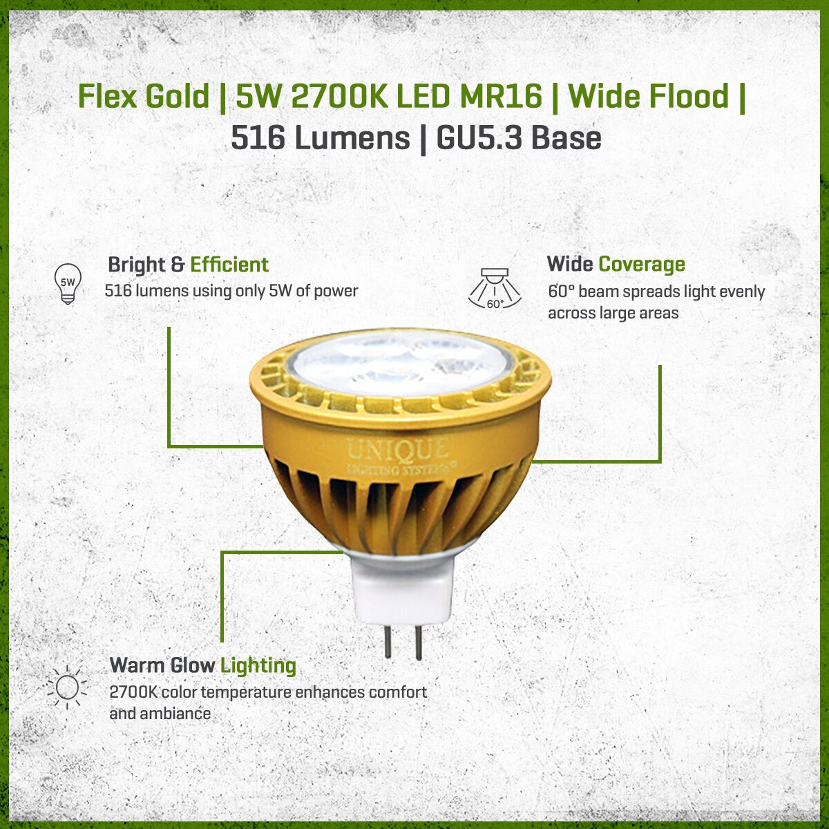 LED-5W-DM6WF27K FLEX GOLD LED, 5 WATT, MR16, WIDE FLOOD, 2700K