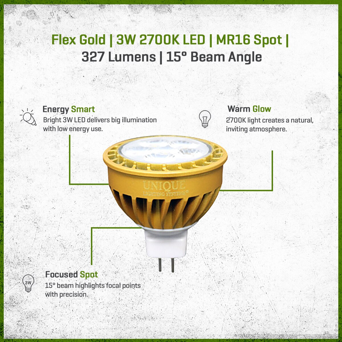 LED-3W-DM6SP27K FLEX GOLD LED, 3 WATT, MR16, SPOT, 2700K