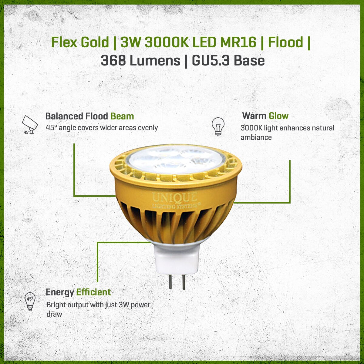FLEX GOLD LED, 3 WATT, MR16, FLOOD, 3000K