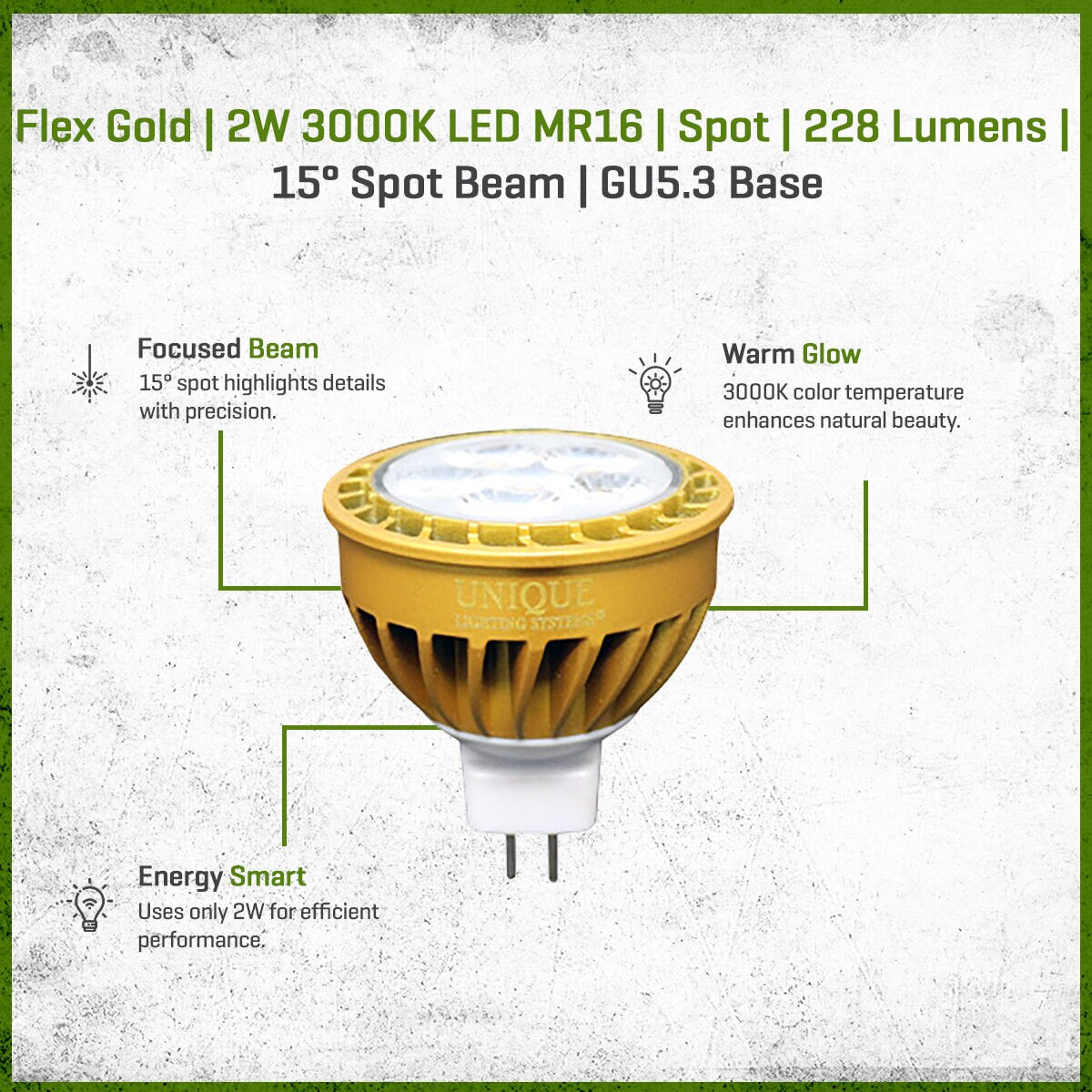 LED-2W-DM6SP30K FLEX GOLD LED, 2 WATT, MR16, SPOT, 3000K