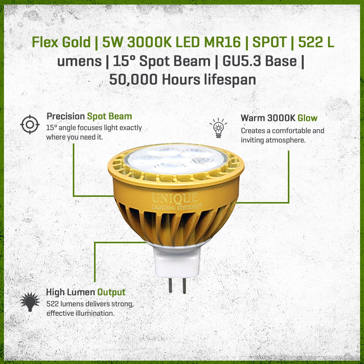 LED-5W-DM6SP30K FLEX GOLD LED, 5 WATT, MR16, SPOT, 3000K