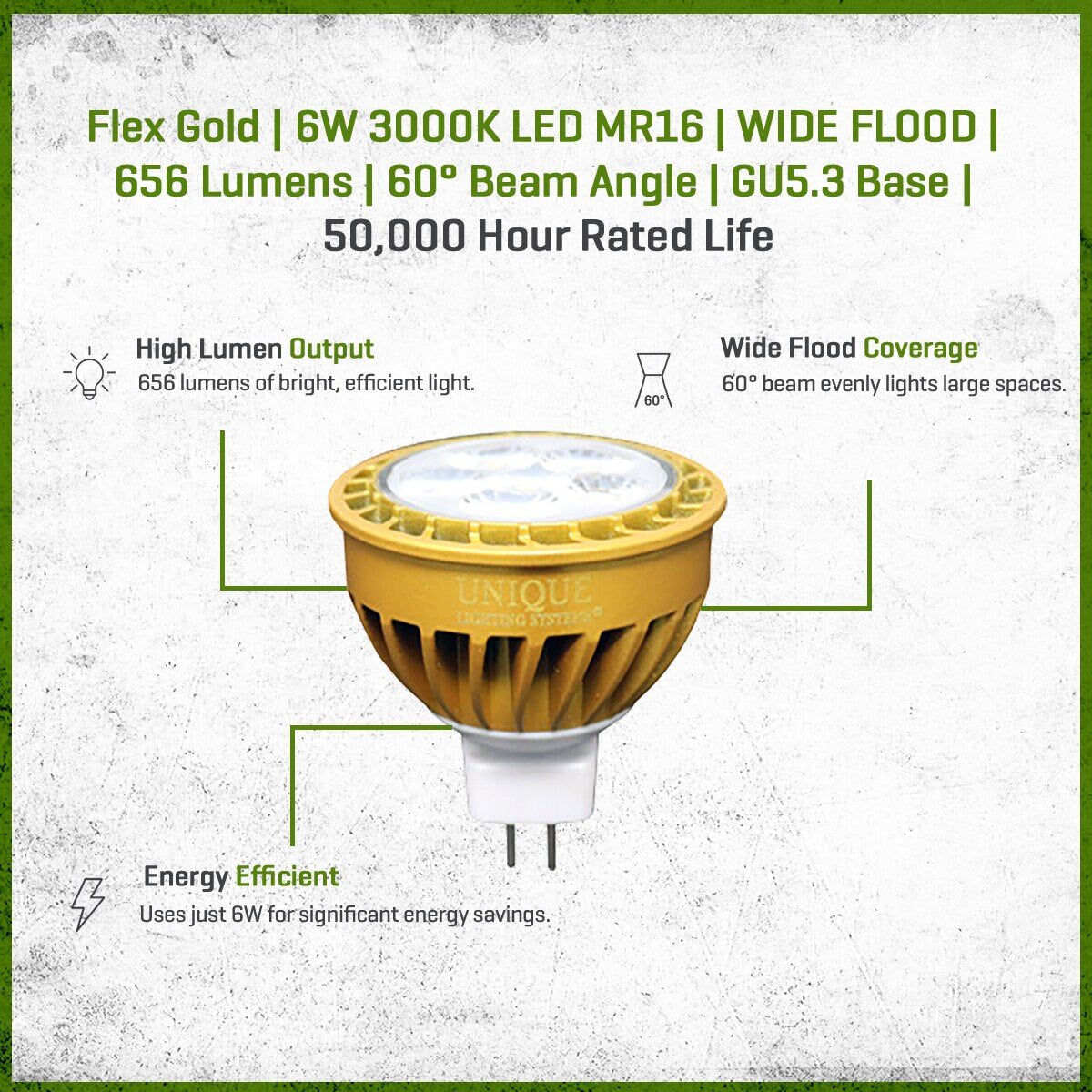 FLEX GOLD LED, 6 WATT, MR16, WIDE FLOOD, 3000K