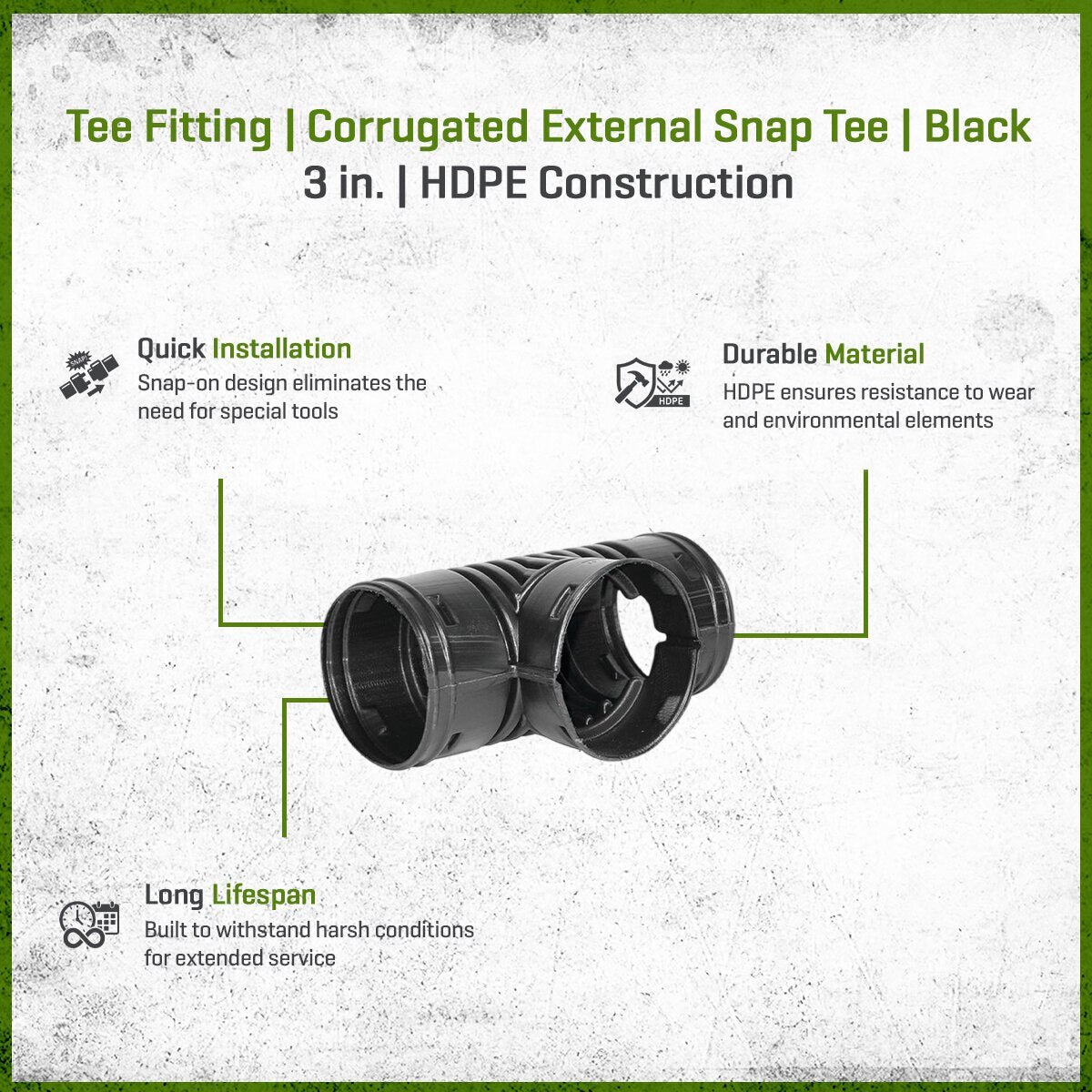 ADS HDPE Corrugated External Snap Tee Black 3 in.