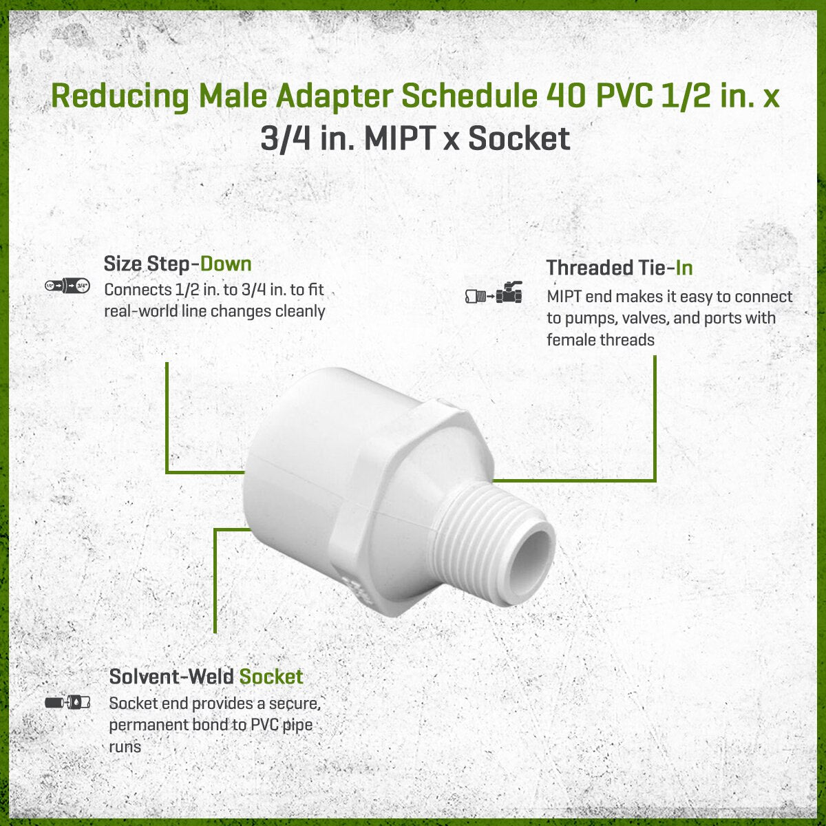 436-074 Sch 40 PVC Reducing Male Adapter 1/2 in. x 3/4 in. MIPT x Socket | Spears