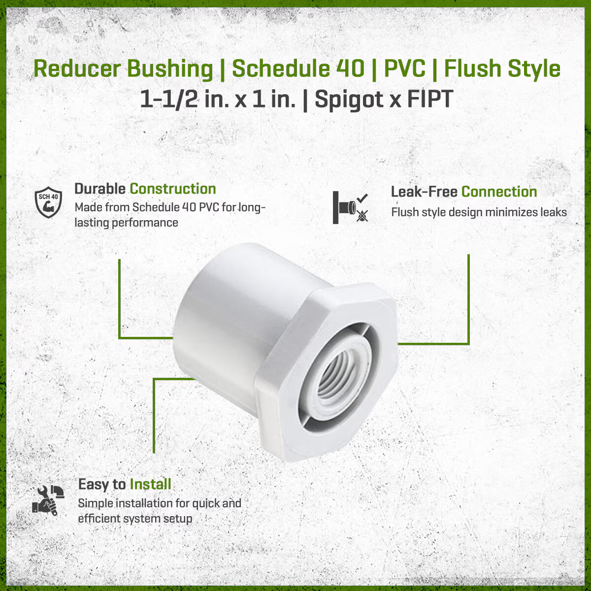 438-211 Sch 40 PVC Reducer Bushing Flush Style 1-1/2 in. x 1 in. Spigot x FIPT | Speaars