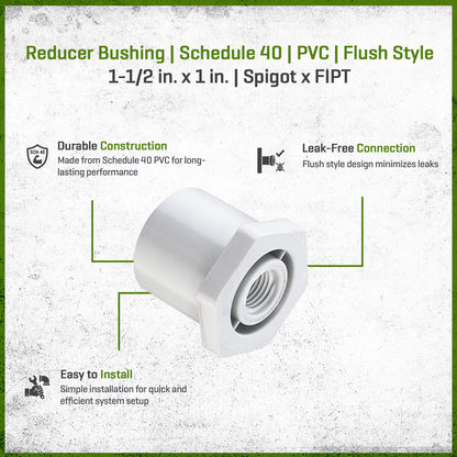 438-211 Sch 40 PVC Reducer Bushing Flush Style 1-1/2 in. x 1 in. Spigot x FIPT | Speaars