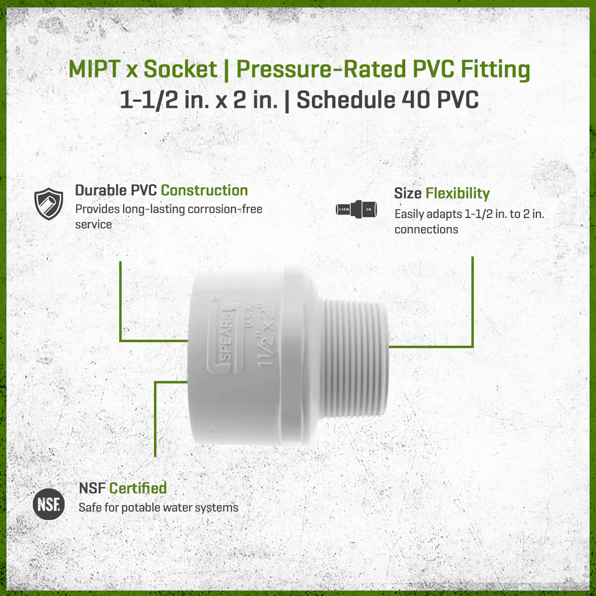 436-213 Sch 40 PVC Reducing Male Adapter 1-1/2 in. x 2 in. MIPT x Socket | Spears