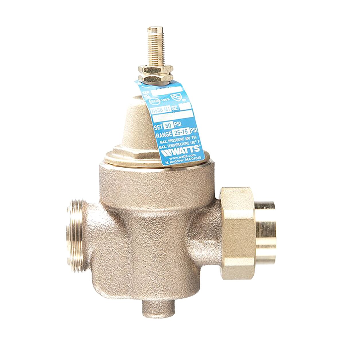 Watts Pressure Reducing Valve Regulator LFN55B-M1 Series NPT Thread Union x NPT Female 25 PSI - 75 PSI 3/4 in. Lead Free Copper Silicon Alloy w/ Strainer, Thermal Expansion Bypass & Lead Free