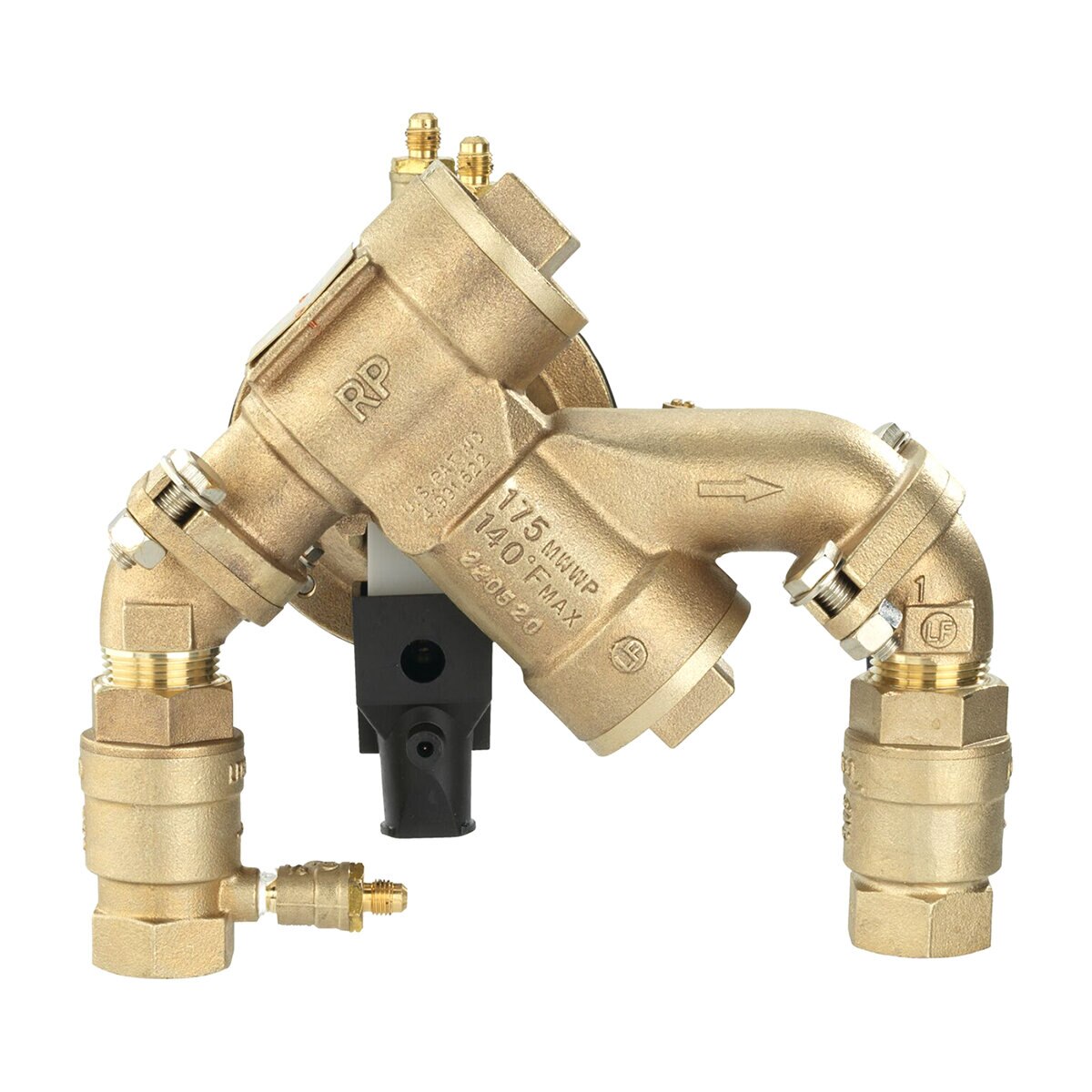 F683011  FEBCO LF825YA Angle Pattern Reduced Pressure Zone Assembly w/ Ball Valves 3/4 in. Lead Free Bronze w/ Flood Sensing Capability (Sensing Upgrade Kit Sold Separately) | F683011