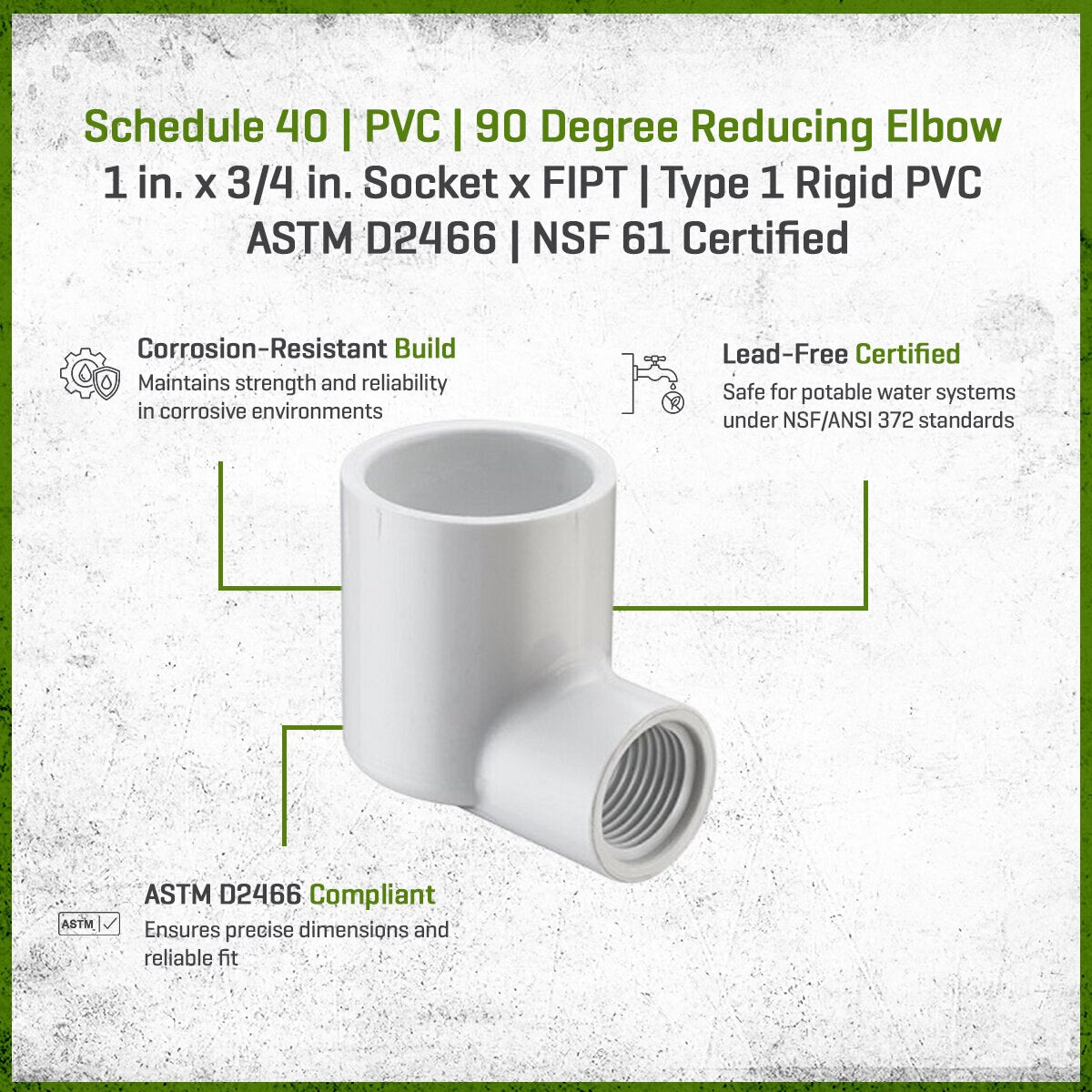 407-131 Sch 40 PVC 90 Degree Reducing Elbow 1 in. x 3/4 in. Socket x FIPT | Spears
