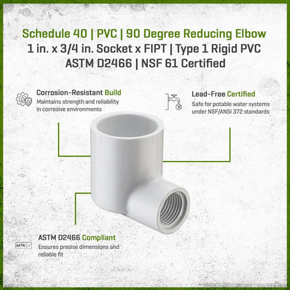 407-131 Sch 40 PVC 90 Degree Reducing Elbow 1 in. x 3/4 in. Socket x FIPT | Spears