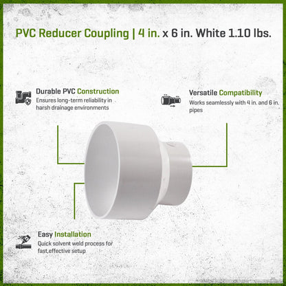 6P07  -NDS PVC S&D Reducer Coupling HUB x HUB White 4 in. x 6 in.