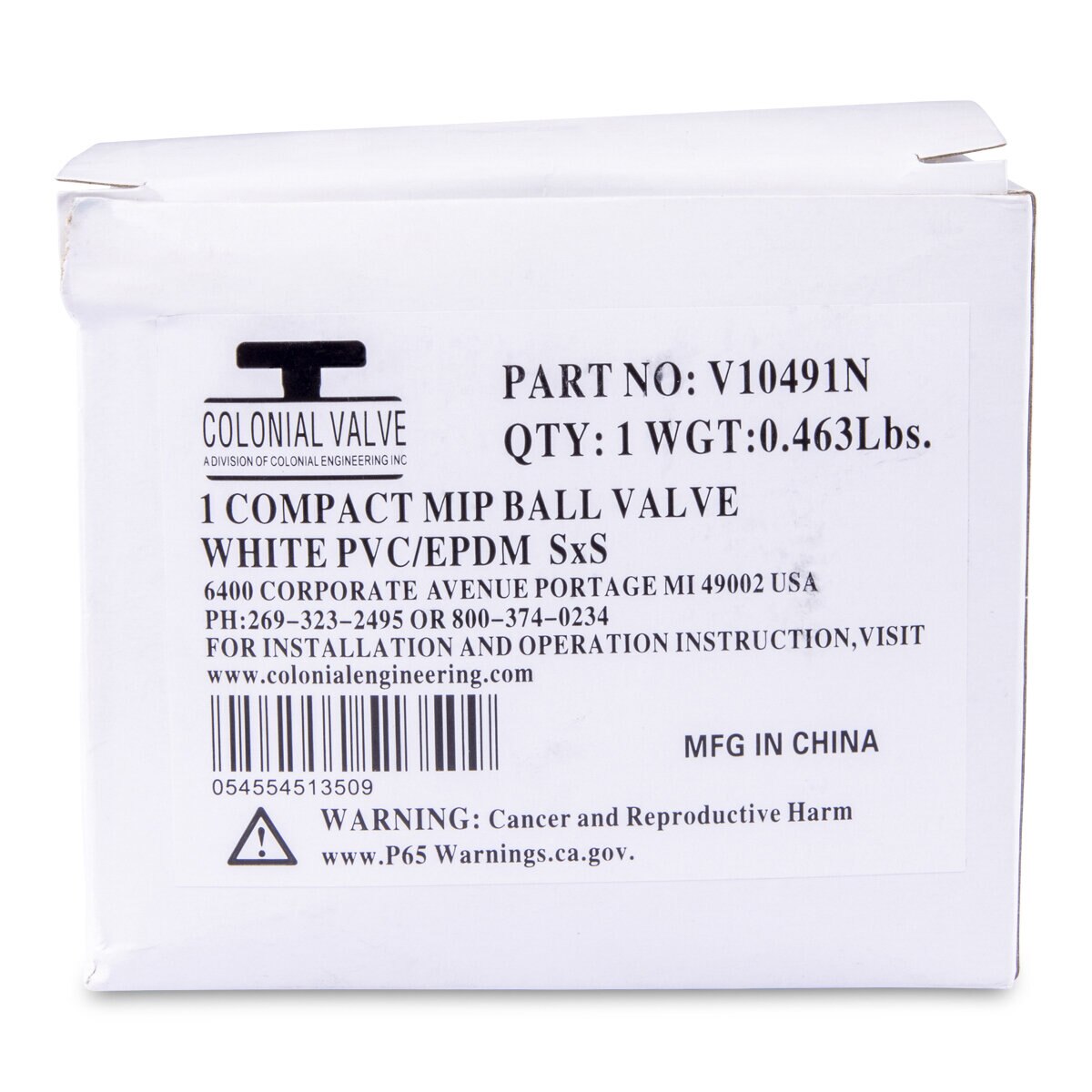 1 PVC White Ball Valve Slip 491 Commercial Blue Handle Colonial Lasco V10491N