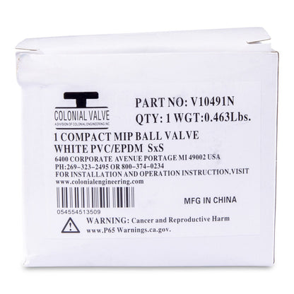 1 PVC White Ball Valve Slip 491 Commercial Blue Handle Colonial Lasco V10491N