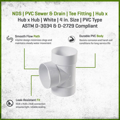 4P01  -NDS PVC S&D Tee HUB x HUB x HUB White 4 in.