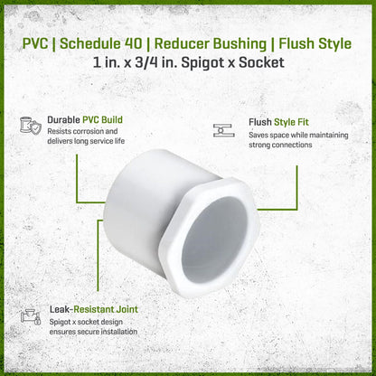 Sch 40 PVC Reducer Bushing Flush Style 1 in. x 3/4 in. Spigot x Socket