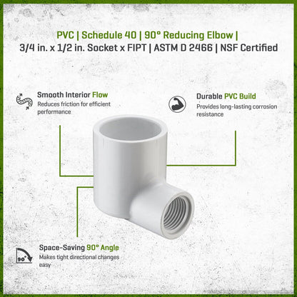Sch 40 PVC 90 Degree Reducing Elbow 3/4 in. x 1/2 in. Socket x FIPT