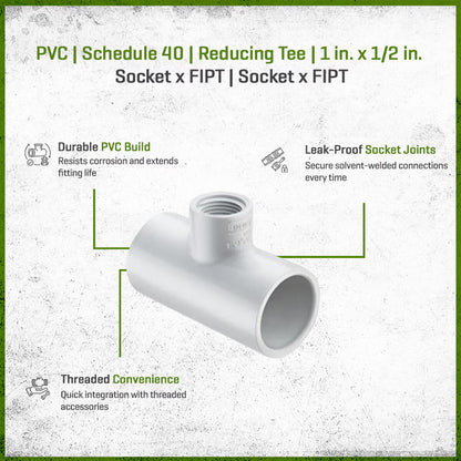 402-130 Sch 40 PVC Reducing Tee 1 in. x 1/2 in. Socket x FIPT | Spears