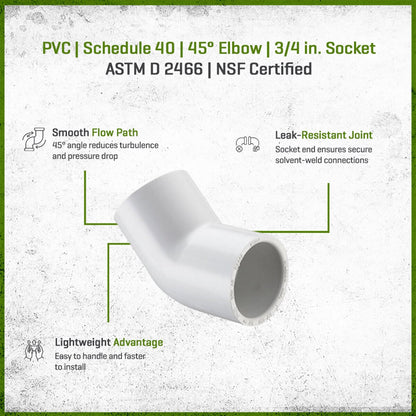 417-007 Sch 40 PVC 45 Degree Elbow 3/4 in. Socket | Spears