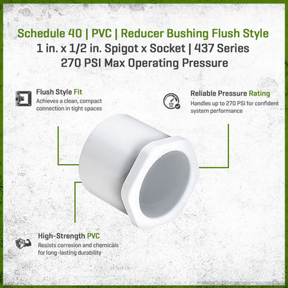 437-130 Sch 40 PVC Reducer Bushing Flush Style 1 in. x 1/2 in. Spigot x Socket | Spears