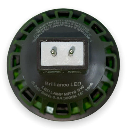 Brilliance MR16 LED Lamp 5W Warm White 3000K 15 Degree Beam Angle, Dimmable, 400 Lumens - Bi-Pin Base, 50,000 Hour Life, Black Finish, 12V LED