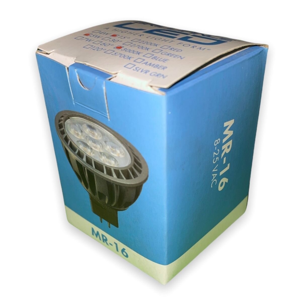 Brilliance MR16 LED Lamp 5W Warm White 3000K 15 Degree Beam Angle, Dimmable, 400 Lumens - Bi-Pin Base, 50,000 Hour Life, Black Finish, 12V LED