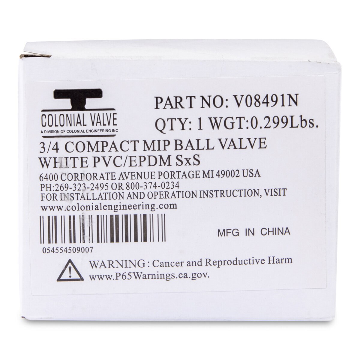 3/4 PVC White Ball Valve Slip 491 Commercial Blue Handle Colonial Lasco