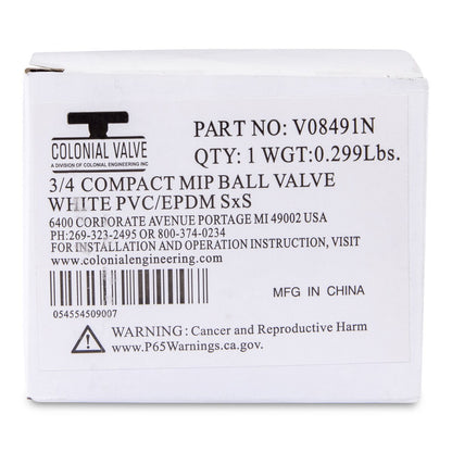 3/4 PVC White Ball Valve Slip 491 Commercial Blue Handle Colonial Lasco