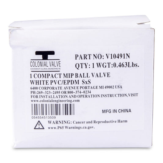 1 PVC White Ball Valve Slip 491 Commercial Blue Handle Colonial Lasco