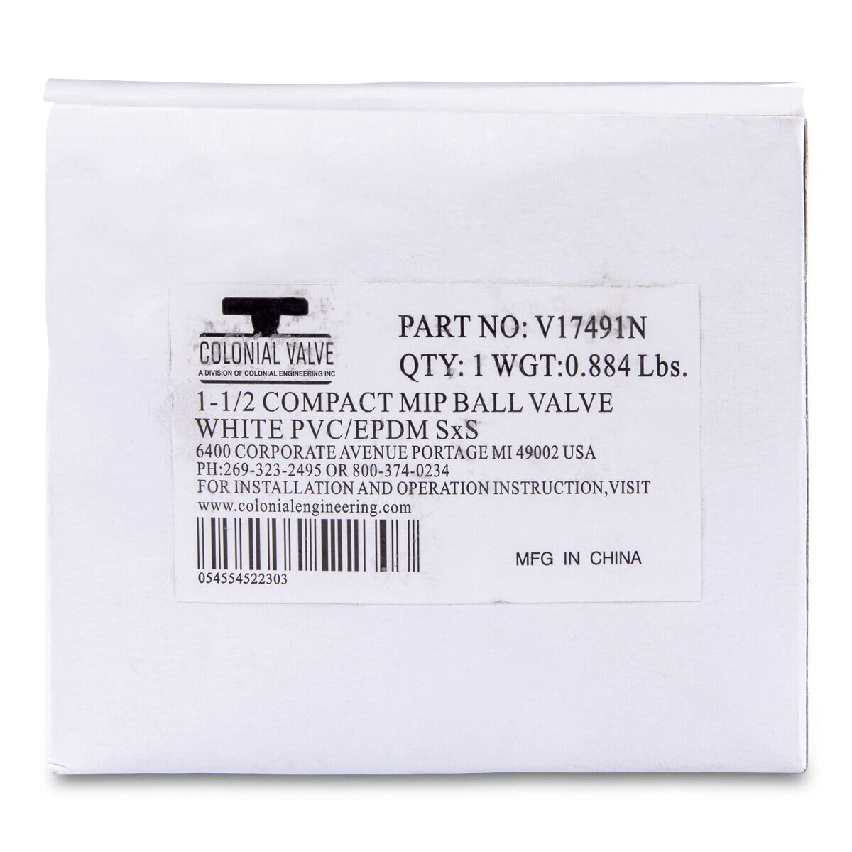 1-1/2 PVC White Ball Valve Slip 491 Commercial Blue Handle Colonial Lasco