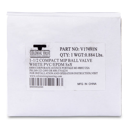 1-1/2 PVC White Ball Valve Slip 491 Commercial Blue Handle Colonial Lasco
