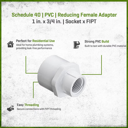 435-131 Sch 40 PVC Reducing Female Adapter 1 in. x 3/4 in. Socket x FIPT |  Spears