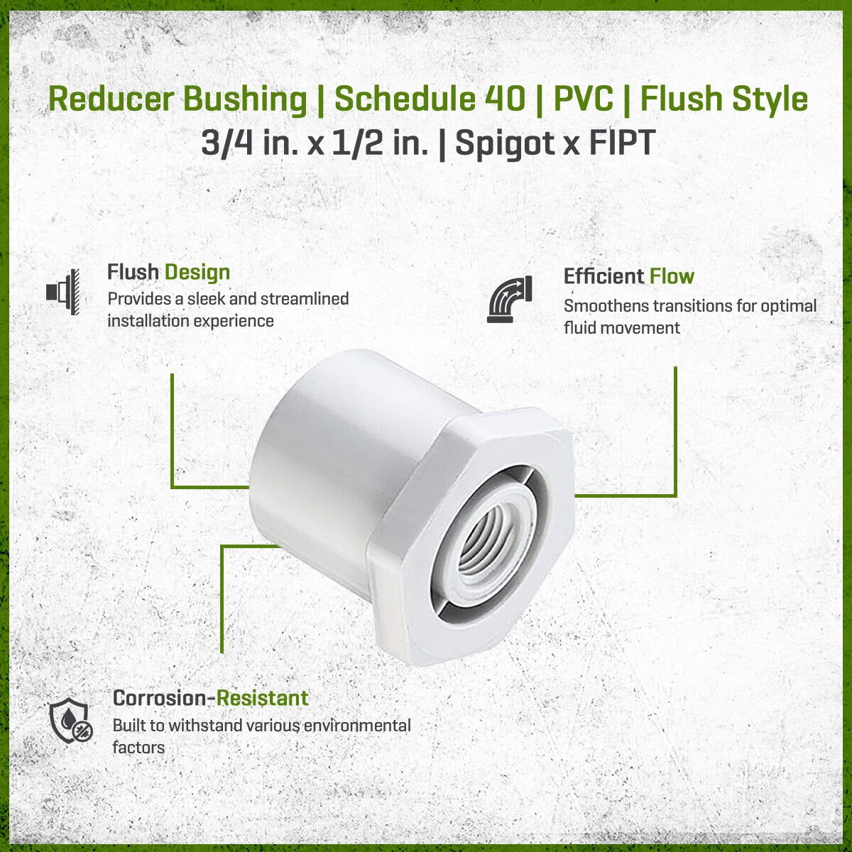 438-101 Sch 40 PVC Reducer Bushing Flush Style 3/4 in. x 1/2 in. Spigot x FIPT | Spears