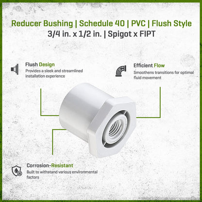 438-101 Sch 40 PVC Reducer Bushing Flush Style 3/4 in. x 1/2 in. Spigot x FIPT | Spears