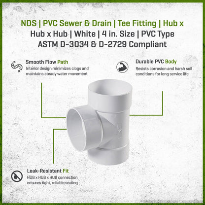 NDS PVC S&D Tee HUB x HUB x HUB White 4 in.