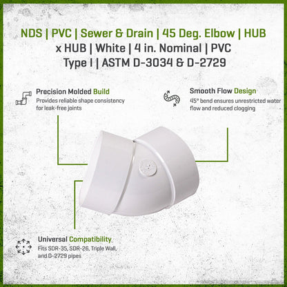 NDS PVC S&D 45 Deg. Elbow HUB x HUB White 4 in.