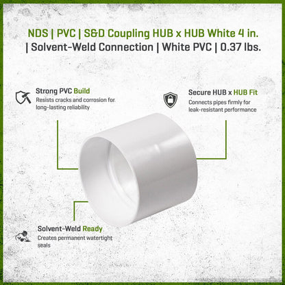 4P05  NDS PVC S&D Coupling HUB x HUB White 4 in.