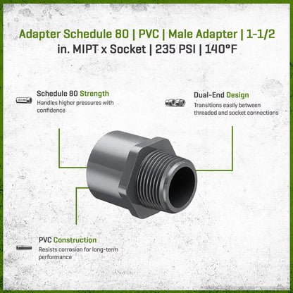 836-015 Sch 80 PVC Male Adapter 1-1/2 in. MIPT x Socket | Spears