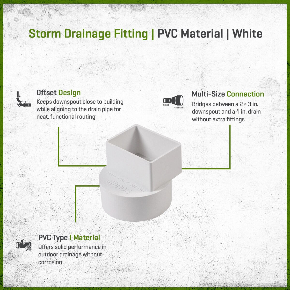 9P04  -NDS PVC S&D Offset Downspout Adapter White 2 in. X 3 in. X 4 in. (Fits 4 in. Pipe)