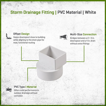 9P04  -NDS PVC S&D Offset Downspout Adapter White 2 in. X 3 in. X 4 in. (Fits 4 in. Pipe)