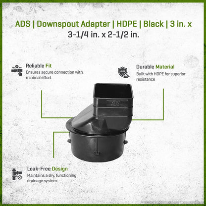 ADS HDPE Downspout Adapter Black 3 in. x 3.25 in. x 2.5 in.