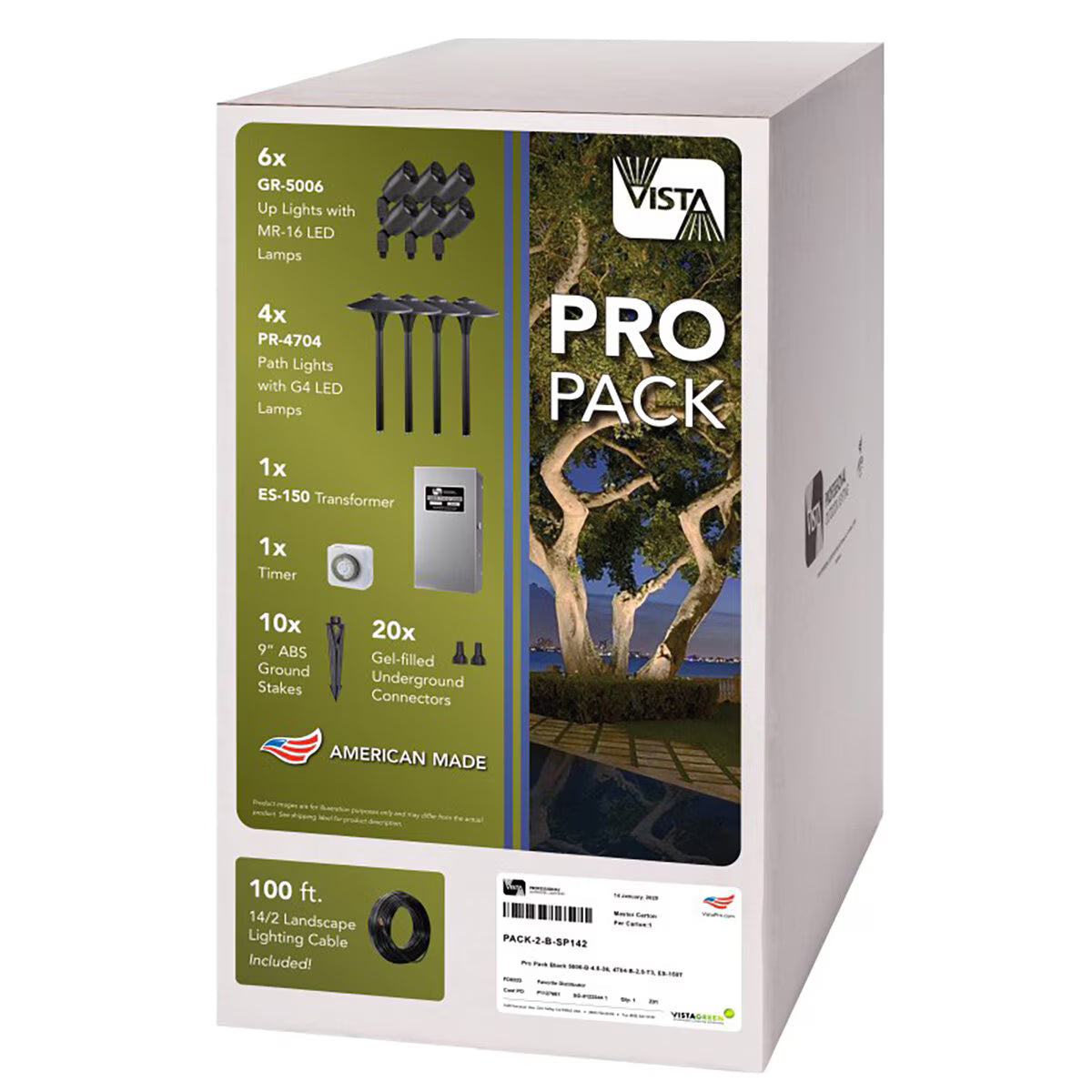 Vista PROPACK2Z-SP142  Bronze Pro Pack Kit w/ 6 Uplights, 4 Path Lights, ES-150 Transformer, Timer, Connectors & 100 ft. Wire