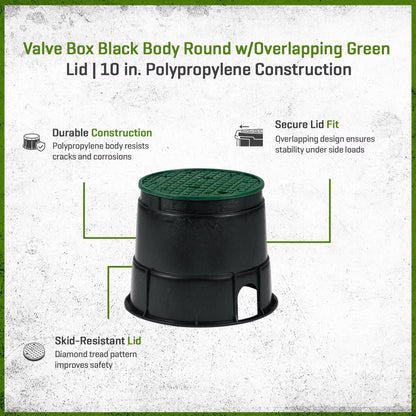 Valve Box Black Body Round w/ Overlapping Green Lid 10 in.
