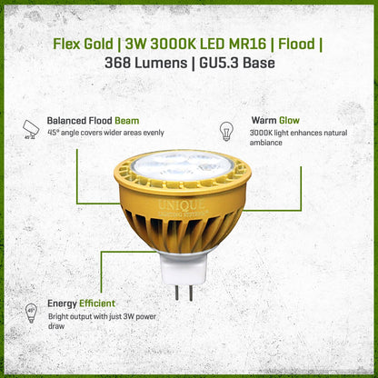 FLEX GOLD LED, 3 WATT, MR16, FLOOD, 3000K
