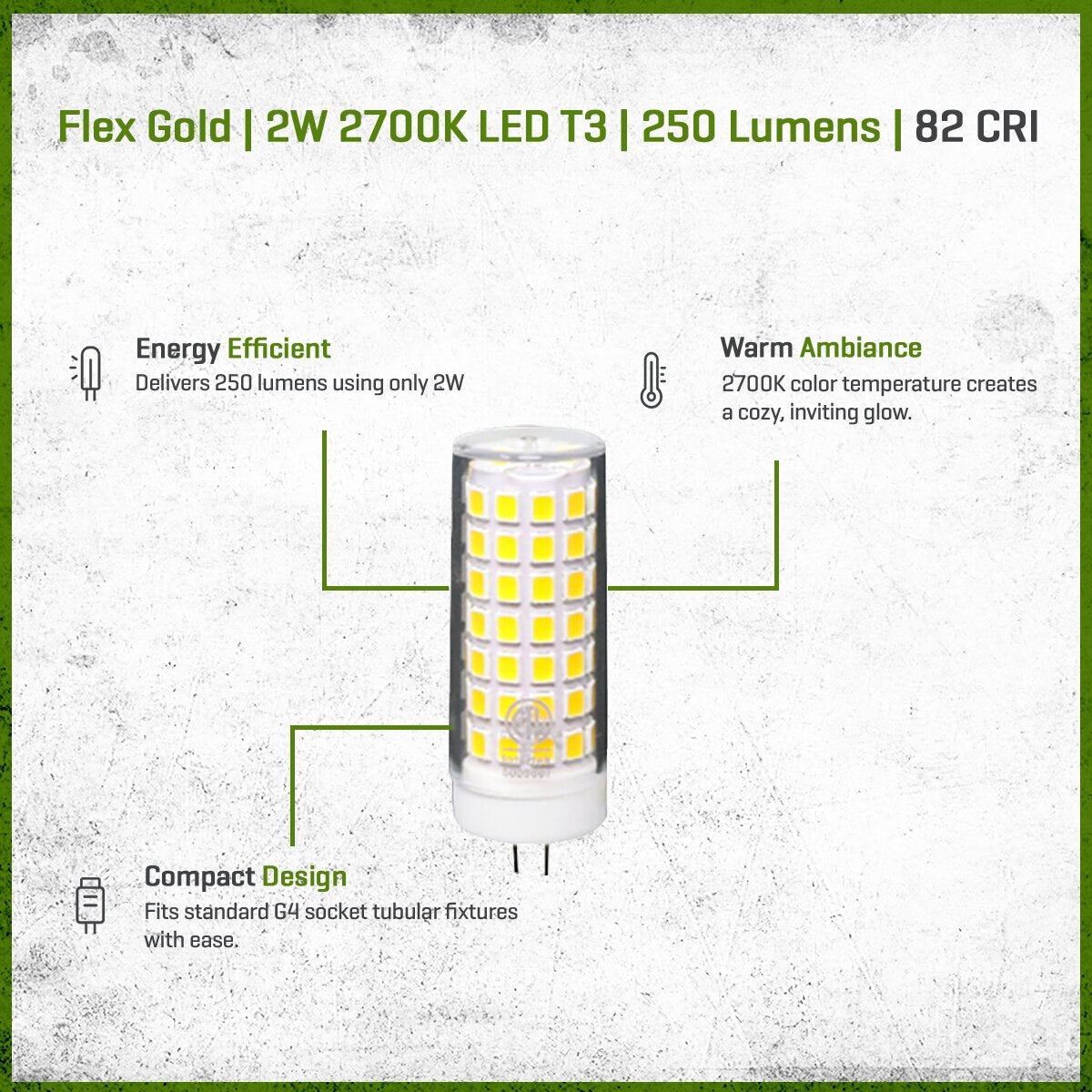 Unique Flex Gold LED T3 Bi-Pin Lamp, 2 Watt, 2700K Warm White, 250 Lumens, Dimmable, Aluminum Housing