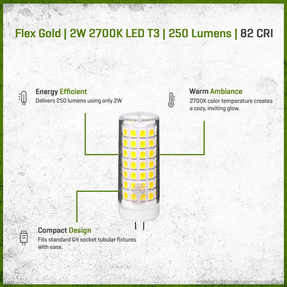 Unique Flex Gold LED T3 Bi-Pin Lamp, 2 Watt, 2700K Warm White, 250 Lumens, Dimmable, Aluminum Housing