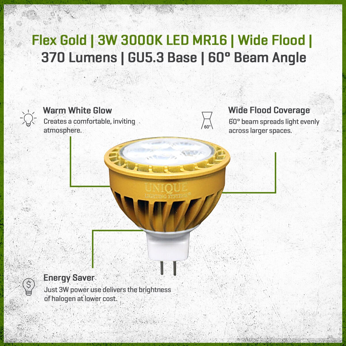 FLEX GOLD LED, 3 WATT, MR16, WIDE FLOOD, 3000K